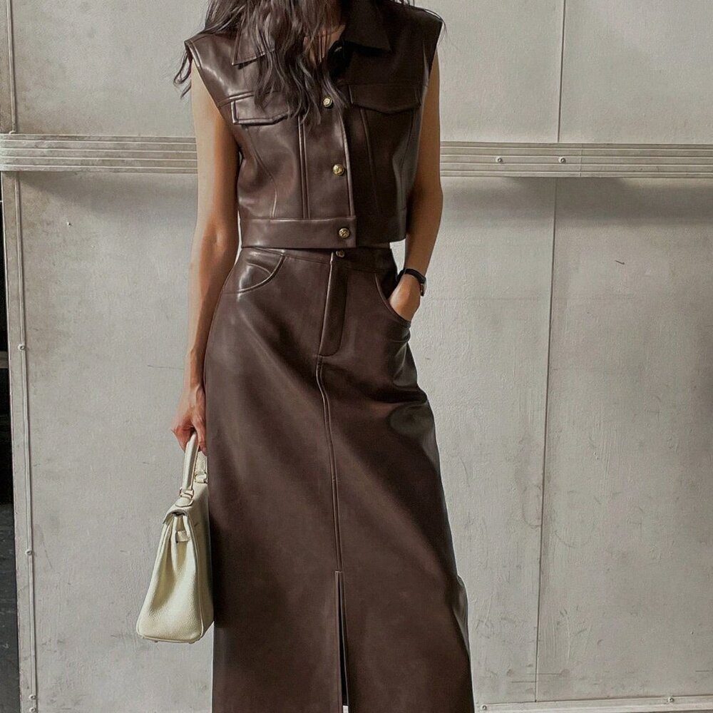 Brown Womens faux leather Sleeveless Jacket Vest & Split Hem Straigt skirt